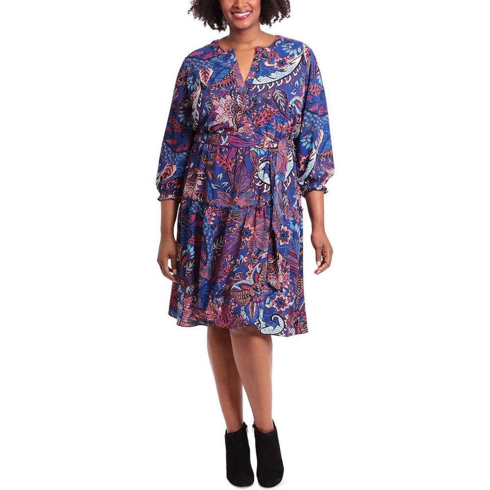 LONDON TIMESPLUS WOMENS PRINTED SPLIT NECK MIDI DRESS